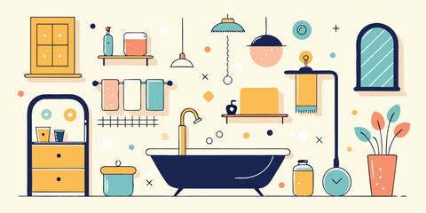 Stylish bathroom interior design featuring modern decor elements, organized storage, and vibrant colors in a warm, inviting atmosphere