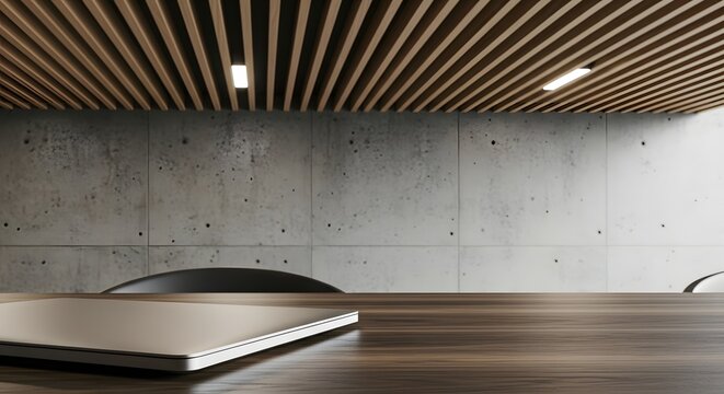 Closed Laptop on Desk in Modern Office Interior