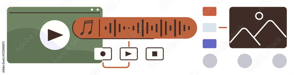 Poster media player with audio waveform, play and stop buttons, editing tools, and image preview frame. ide