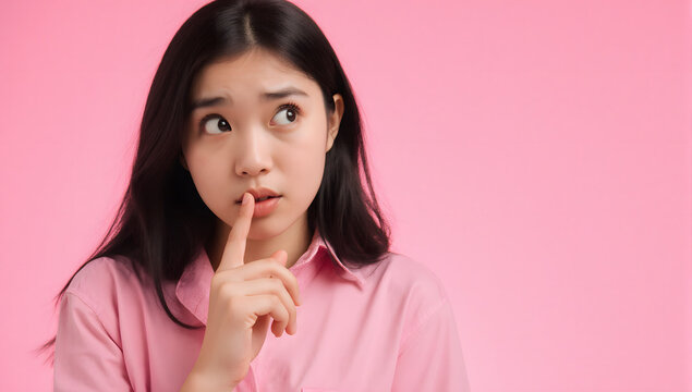 Shhh... Secret: An Asian woman, lost in thought, places a finger over her lips, as if shushing a secret. She gazes off camera with a pensive expression, evoking the mystery and allure of the unknown.