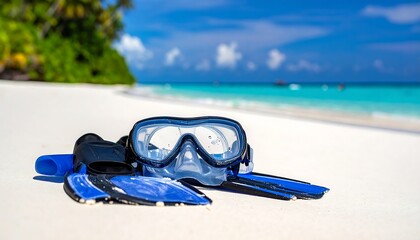 Snorkeling gear rests on pristine white sand beach, turquoise ocean backdrop
