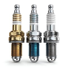 Three Metallic Spark Plugs on White Background with Gold, Silver and Blue Finish