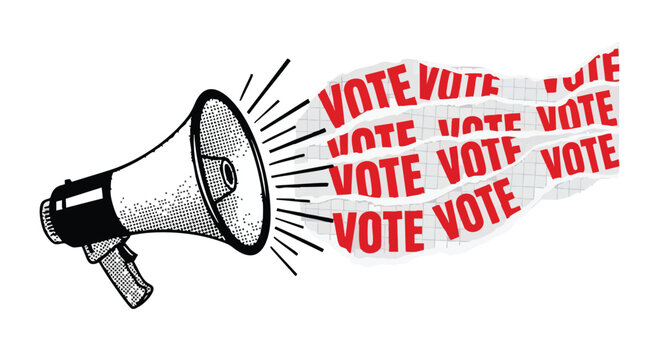 Dynamic megaphone broadcasting urgent call to vote, spreading awareness and encouraging civic participation for impactful elections