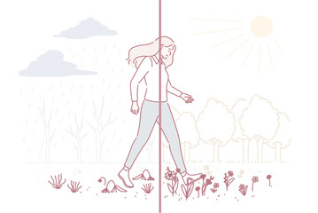 Variety of nature weather concept. Young woman cartoon character making step from gloomy grey rainy weather to sunny clear day vector illustration