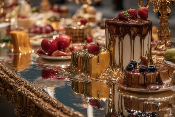 Naklejka premium Golden Dessert Table with Cakes and Fruits