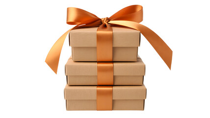Stack of three brown gift boxes tied with a shiny orange ribbon and bow isolated on transparent background