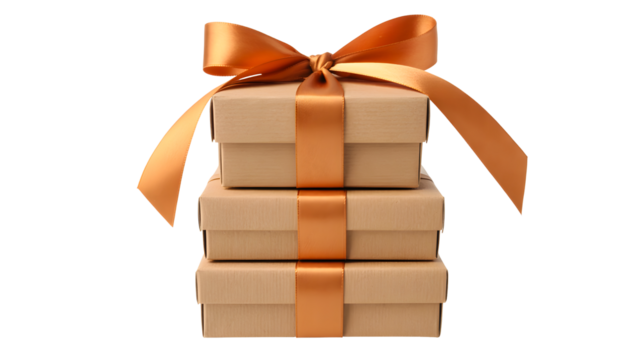 Stack of three brown gift boxes tied with a shiny orange ribbon and bow isolated on transparent background