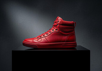Red High-Top Sneakers, Stylish Red Leather Shoe, Men's Red Fashion Sneaker, Luxury Red High Top, Red Sneaker Product Shot