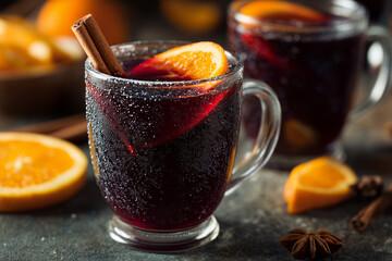 Warm mulled wine in glass mug with cinnamon stick and orange slice
