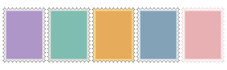 Fototapeta premium Row of five pastel postage stamp frames with perforated edges and inner borders. Clean minimal backgrounds for stationery, scrapbooking, mockups, labels, packaging and digital design.