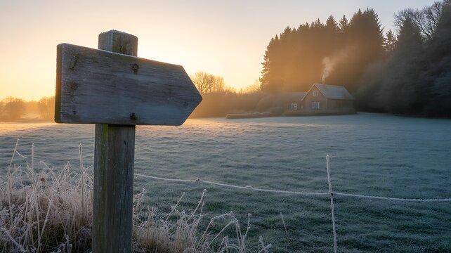 A wooden signpost in a frosty field at sunrise, landscape shot - Powered by Adobe
