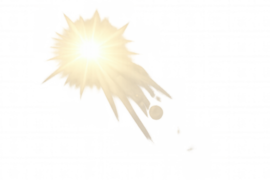 Golden light flare creating starburst with glowing effect, bright sun ray, shining on transparent background