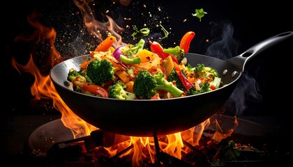 Stir-fried vegetables in a wok over flames