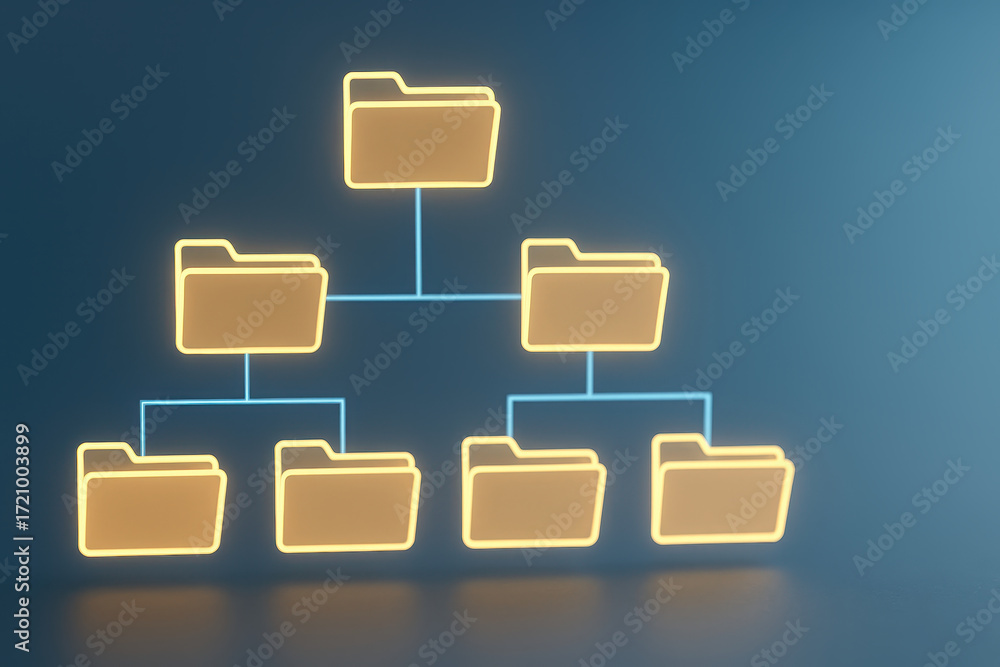 Poster digital folder structure represents document management system with glowing folder icons connected i