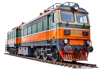 Orange and green electric locomotive on railway tracks isolated on a transparent background