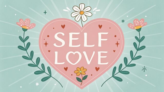 Self Love Heart Illustration with Flowers and Radiant Background for Positive Vibes