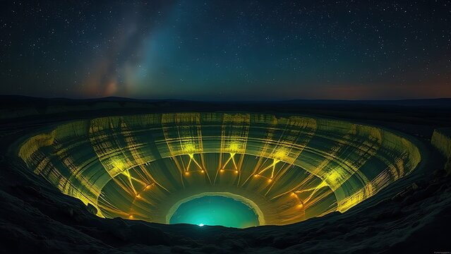 An otherworldly crater illuminated by glowing preservation symbols beneath a meteor shower.