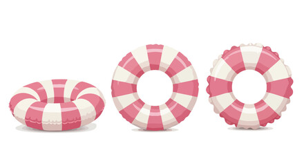 Three inflatable swimming rings with pink and white stripes on a white background.