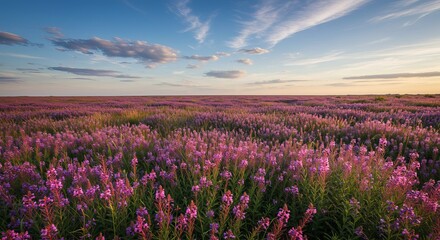Dreamy lavender wildflowers in a blooming field under a peaceful sunset sky