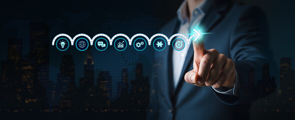 Goal Achiever, A businessman taps a futuristic, glowing arrow, showing a clear, linear path with icons leading to success and completion.
