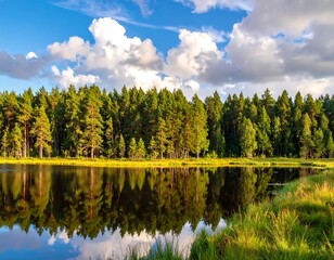 Fototapeta premium Serene forest lake reflecting the sky