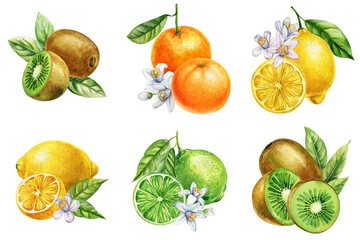 Watercolor set of kiwi lemon lime and orange with blossoms and green leaves tropical citrus fruits healthy food design