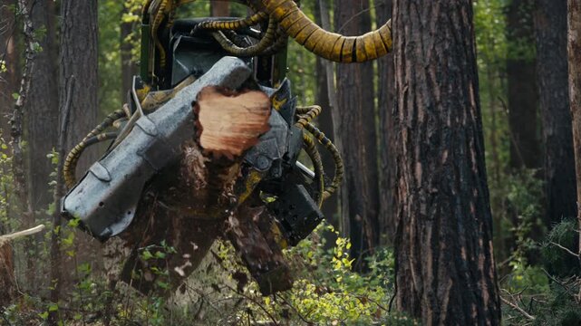 A Harvester Machine deals with the tree processing. Harvester machine is processing the trunk of the big tree. Harvester Machinery is processing and cutting the part of the tree. Forestry Industry.