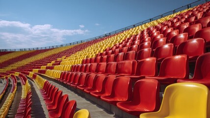 Vibrant stadium seats in sunlit arena. Artificial intelligence image