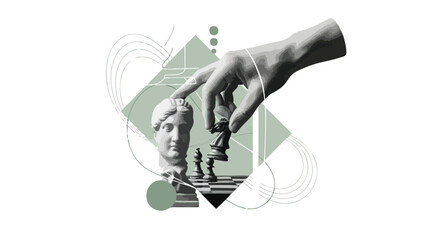 Artistic depiction of a hand moving a chess piece, with a bust and geometric shapes.