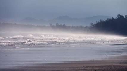 Coastal sandy beaches and rain forests on coast of tropical South China Sea. Borneo Island, Malaysia. January equatorial belt. Fog is forming over warm shallow waters because monsoon has brought cold - Powered by Adobe