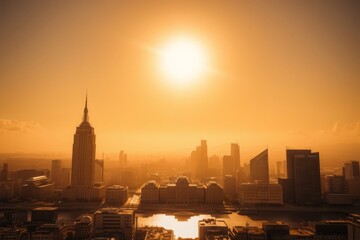 Fototapeta premium Golden Sunrise on Cityscape: An aerial cityscape bathed in the warm glow of a sunrise, featuring towering skyscrapers and modern architectural marvels silhouetted against the radiant sun. 