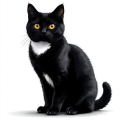 A black cat with a white patch on its chest sits upright. It has bright yellow eyes and a sleek coat. The background is plain white, emphasizing the cat's features.