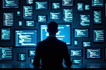 Enigmatic Figure Manipulating Glowing Code on Array of Digital Devices