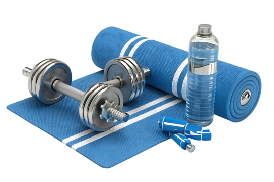 exercise mat with gym dumbbells weights and water workout
