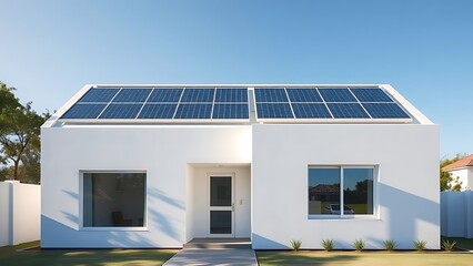 A modern white house with solar panels, basking in bright daylight, symbolizing sustainable energy and innovation.