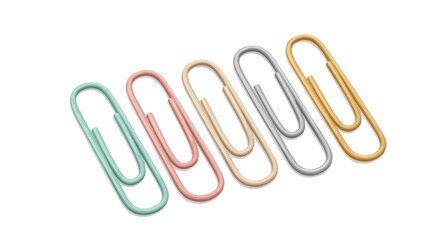 A row of five colorful paper clips in pastel and metallic shades isolated on a white background.