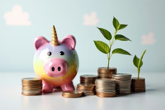 Unicorn Piggy Bank with Rainbow Coin Stacks