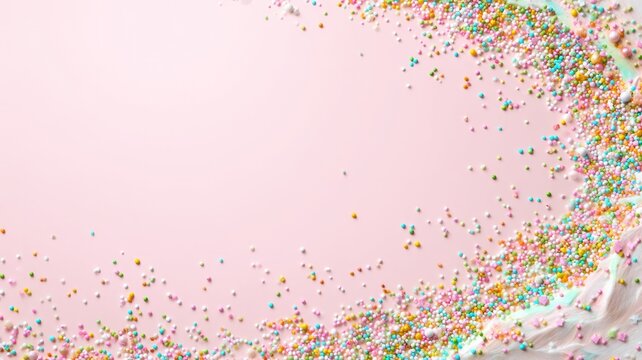 Multicolored sugar sprinkles on pastel pink surface. Artificial intelligence image
