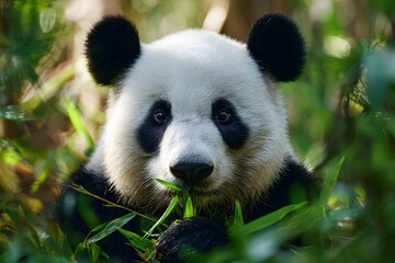 Obraz premium A giant panda stares directly at the camera while munching on green bamboo leaves, surrounded by dense forest vegetation. 