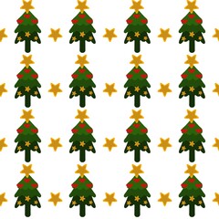 set of christmas trees Seamless pattern of decorated Christmas trees with golden stars and red bows on white background. Hand drawn doodle christmas tree pattern background with doodle style. 