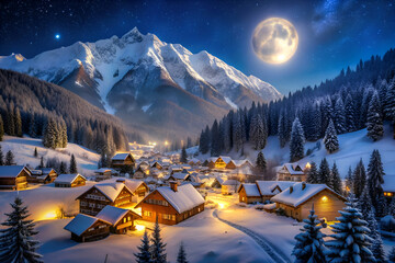 Enchanted Winter Village. A Night in the Snowy Mountains
