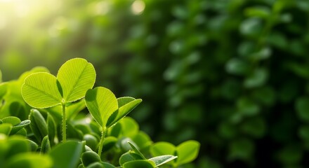 Obraz premium Closeup of vibrant green clover leaves bathed in soft morning sunlight, symbolizing luck and growth in nature