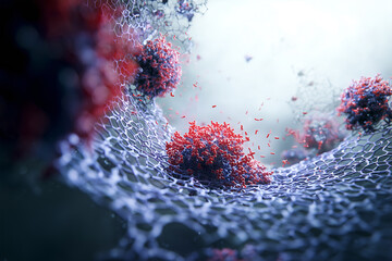 3D conceptual visualization of glowing red molecules interacting with a semi-permeable membrane, symbolizing molecular transport across the blood-brain barrier in a biomedical context