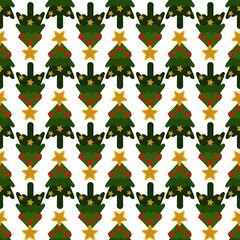 Seamless Christmas tree pattern with golden stars and red bows. Hand drawn doodle christmas tree pattern background with doodle style. Christmas tree seamless pattern with golden stars and red bows.