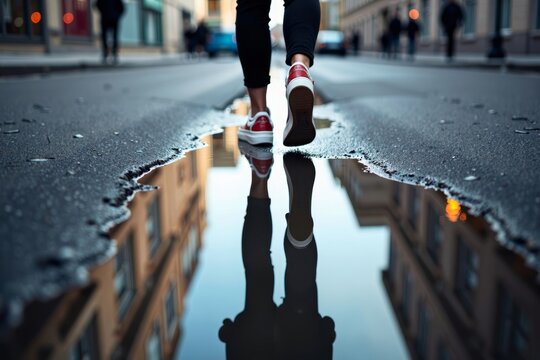Urban Street Reflection: Close-up of Woman in Puddle