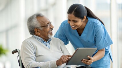 Fototapeta premium Friendly nurse assisting senior Indian man in wheelchair — learning together on digital tablet
