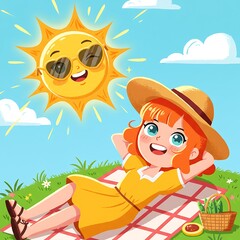 Naklejka premium Cheerful girl enjoying a sunny picnic with a happy sun wearing sunglasses