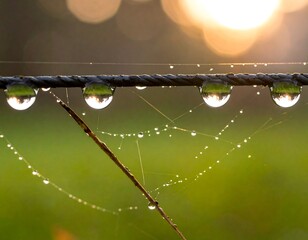 Dewdrops on a wire, spiderweb, sunrise