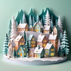 Winter village dreamscape with moonlit paper houses
