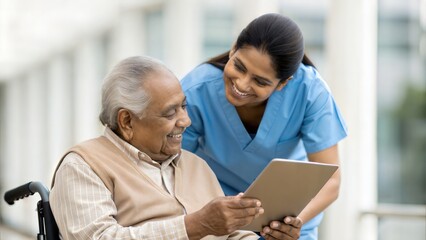 Smiling nurse with elderly Indian man on wheelchair — exploring technology with tablet device